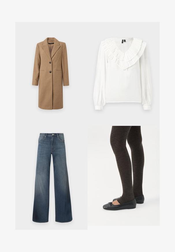 Brun hørfilstribet frakke med nedskåret revers, enkeltrækket front, to knapper og sidelommer. Glat tekstur, knælangt design.; Hvid bluse med V-udskæring og en flæset, lagdelt krave. Lange ærmer med elastiske manchetter, lavet af et let, tekstureret stof.; Bredde denim jeans i mørkeblå, med en slidteknik, knaplukning og fem-lomme stil. Glat tekstur, minimal syning detaljer.; Ben iført mørke ribbede leggings kombineret med sorte balletsko med små sløjfedetaljer på hvid baggrund.