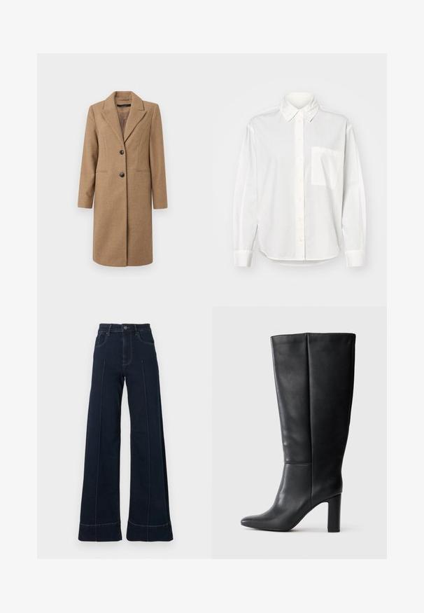 Bruine visgraatjas met een notch-uitsnijding, enkelvoudige knoopsluiting, twee knopen en zijzakken. Glad de Consequentie, knie-lange ontwerp.; Witte langslav shirt met een button-down kraag, sluiting met knopen aan de voorkant en een borstzak aan de linkerzijde. Gemaakt van zachte stof met een ontspannen pasvorm.; Donkerblauwe, wijde jeans met een hoge taille, voorzien van voorzakken en zichtbare stiksels. Gemaakt van denimstof met een gladde textuur.; Zwarte leren kniehoge laarzen met een spitze neus en een blokhak. Glad textuur met subtiele stiksel-details.