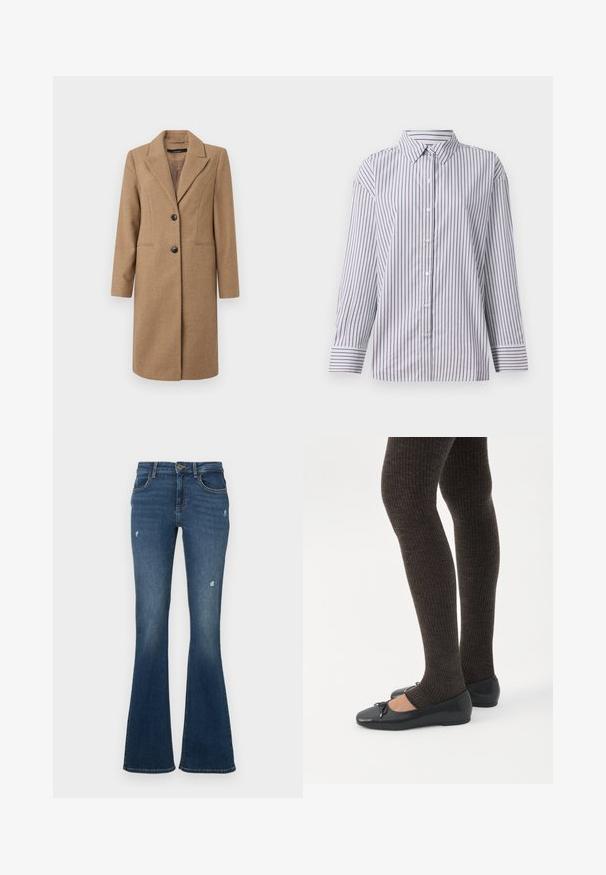 Bruine visgraatjas met een notch-uitsnijding, enkelvoudige knoopsluiting, twee knopen en zijzakken. Glad de Consequentie, knie-lange ontwerp.; Lange mouw gestreepte overhemd met verticale paarse strepen, een puntige kraag en brede gestreepte manchetten op een lichte achtergrond.; Wijde spijkerbroek in donkerblauw met verweerde stukken. Voorzien van vijf zakken en een ritsluiting. Mediumgewicht stof met een gladde textuur.; Benen met donkere geribbelde leggings gecombineerd met zwarte ballerina's met kleine strikdetails op een witte achtergrond.