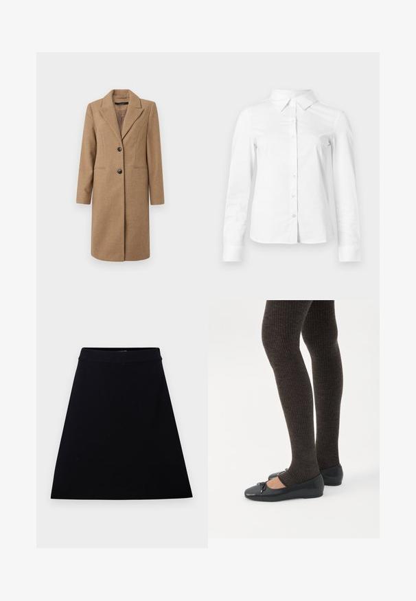 Bruine visgraatjas met een notch-uitsnijding, enkelvoudige knoopsluiting, twee knopen en zijzakken. Glad de Consequentie, knie-lange ontwerp.; Witte blouse met lange mouwen en knopen, met puntige kraag, rechte zoom en aansluitende silhouet, weergegeven op een effen lichte achtergrond.; Zwarte A-lijn rok met een gladde, matte textuur en een aansluitende tailleband. Knie-lengte zonder zichtbare patronen of accenten.; Benen met donkere geribbelde leggings gecombineerd met zwarte ballerina's met kleine strikdetails op een witte achtergrond.