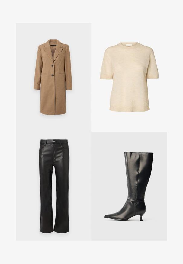 Bruine visgraatjas met een notch-uitsnijding, enkelvoudige knoopsluiting, twee knopen en zijzakken. Glad de Consequentie, knie-lange ontwerp.; Beige gebreide trui met korte mouwen, ronde hals en geribde boorden en zoom, gemaakt van zachte, gestructureerde stof.; Zwarte nepleather broek met een rechte pijpstijl, voorzien van zijzakken en een zichtbare knoopsluiting. Glad oppervlak en glanzende afwerking.; Zwarte leren kniehoge laars met puntige neus en lage kittenhak, weergegeven op een effen lichte achtergrond.