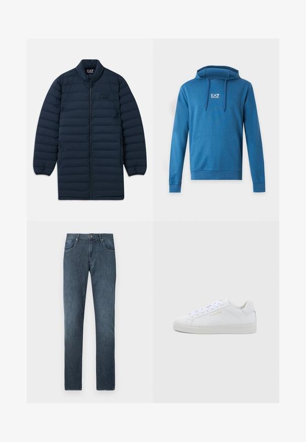 Marineblauwe lange pufferjas met een rits aan de voorkant, opstaande kraag, ritszakken aan de zijkanten en een subtiel EA7 Emporio Armani-logo op de borst.; Blauwe capuchonsweater met voorzak en EA7 Emporio Armani-logo in het midden van de borst, met trekkoorden op de capuchon.; Donkere blauwe spijkerbroek met een rechte pijp, vijf zakken, knoopsluiting aan de voorkant en subtiele stikseldetails.; Witte leren lage sneakers met een ronde neus, platte veters, een gestructureerde zool en subtiele gouden branding aan de zijkant. Gladde oppervlakte en minimalistisch ontwerp.