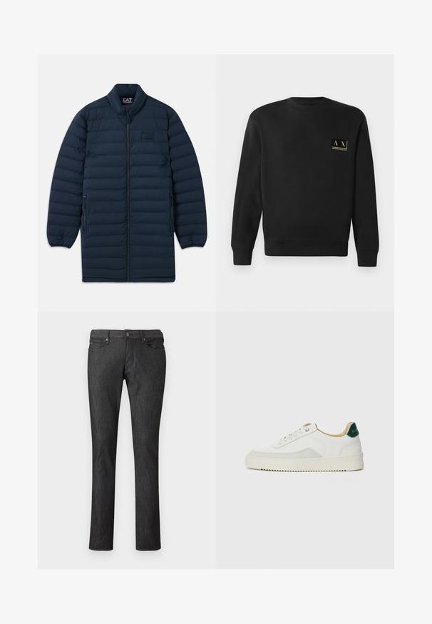Marineblauwe lange pufferjas met een rits aan de voorkant, opstaande kraag, ritszakken aan de zijkanten en een subtiel EA7 Emporio Armani-logo op de borst.; Zwarte sweatshirt met lange mouwen en ronde hals, met klein beige Armani Exchange-logo op de linkerborst.; Donkere denim jeans met een rechte pijp, voorzien van steekzakken aan de voorkant, een metalen knoopsluiting en subtiele stikseldetails.; Witte sneaker met suède accenten, ronde neus, platte veters en een crème rubberen zool. Bevat groene branding op de hiel.