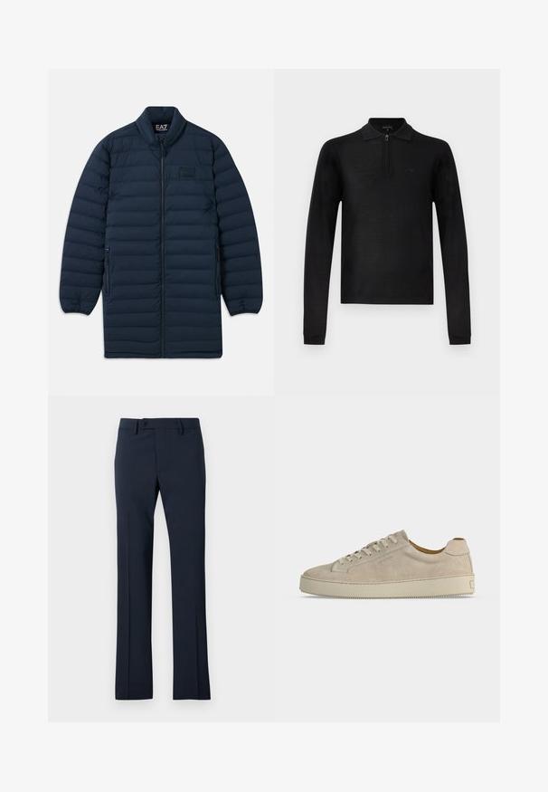 Námornícka modrá dlhá pérová bunda s predným zipsom, stojatým golierom, zipsovými bočnými vreckami a nenápadným logom EA7 Emporio Armani na hrudi.; Čierny dlhý rukáv polokošeľa s krátkym predným zipsom a nenápadným logom na ľavej strane hrudníka.; Námornícky modré nohavice z hladkej tkaniny so strihom rovného nohu, s gombíkovým zapínaním a predným záhybom.; Béžová semišová nízka teniska so zaväzovaním na šnúrky a hrubou gumovou podrážkou, zobrazená z boku na bielom pozadí.