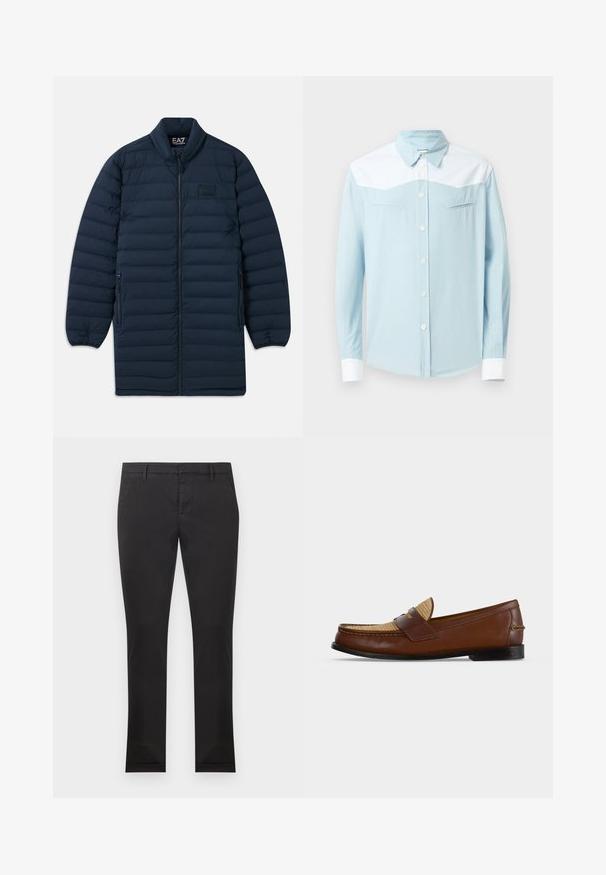 Abrigo largo de plumas azul marino con cremallera frontal, cuello alzado, bolsillos laterales con cremallera y sutil logotipo EA7 Emporio Armani en el pecho.; Camisa de botones azul claro con yugo y puños blancos, cuello puntiagudo y dos bolsillos en el pecho horizontales con costuras en forma de flecha.; Pantalones negros de corte ajustado con trabillas para cinturón, bolsillos delanteros y cierre delantero de cremallera, mostrados sobre un fondo blanco liso.; Mocasín de piel marrón para hombre con panel superior beige tejido y suela negra, mostrado de perfil sobre fondo blanco.