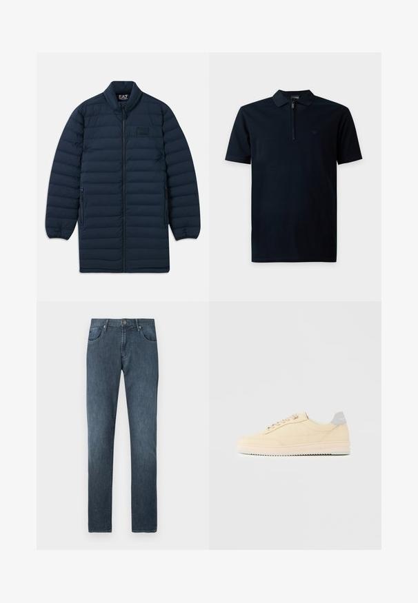 Doudoune longue bleu marine avec fermeture éclair à l'avant, col montant, poches latérales zippées et logo discret EA7 Emporio Armani sur la poitrine.; Polo noir à manches courtes avec un col zippé et un logo discret sur le côté gauche de la poitrine.; Jean en denim bleu foncé avec un design à jambe droite, cinq poches, fermeture à bouton avant et détails de couture subtils.; Baskets basses beige à lacets, semelle rose clair et languette grise à l'arrière marquée "Filling Pieces", vues de profil sur fond uni.