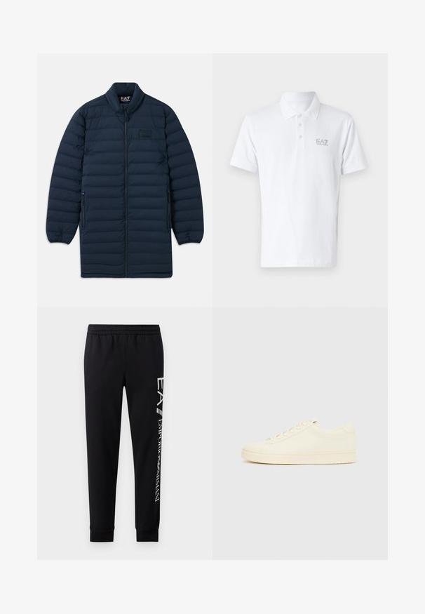 Tumedast sinine pikk puffjakker, millel on esiküljel lukku, seisva kraega, lukuga küljetaskud ja diskreetne EA7 Emporio Armani logo rinnal.; Valge puuvillane polo särk. Omab klassikalist kraed, kolme nööbiga kinnitust ja heledat halli EA7 logo rinna peal. Lühikesed varrukad.; Mustadest puuvillasegustest dressipükstest, millel on elastne vöökoht, kitsenevad säärte ning ribatsoonidega mansetid ja valge logo trükk külgmisel osal.; Kreemitonides spordijalats sileda nahkpealsega, ümarate varvastega, ees paelusega ja tekstuuriga kummist talla. Minimalistlik disain, ilma logodeta.