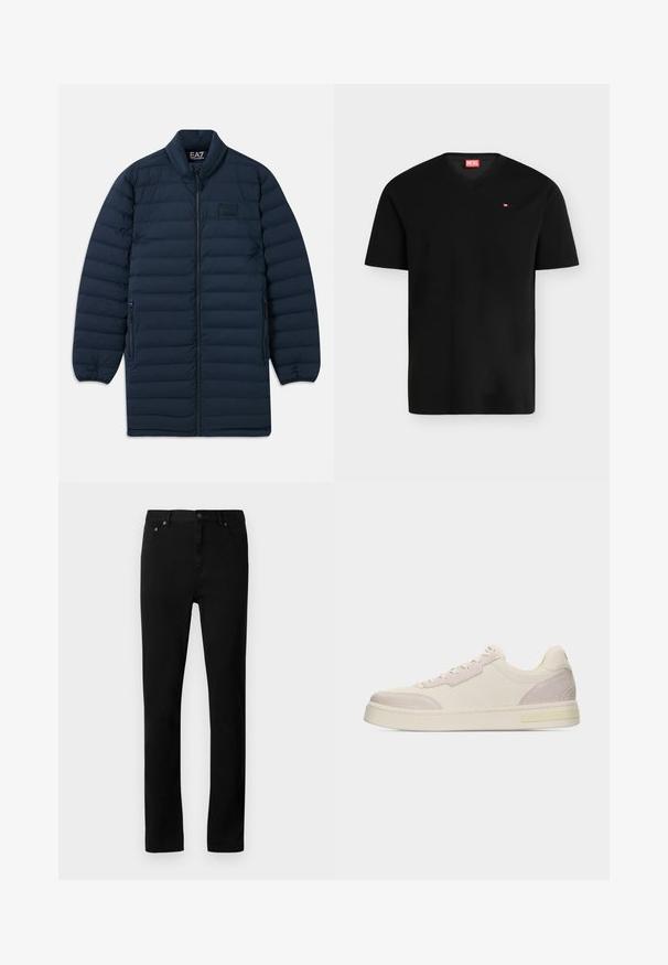 Námornícka modrá dlhá pérová bunda s predným zipsom, stojatým golierom, zipsovými bočnými vreckami a nenápadným logom EA7 Emporio Armani na hrudi.; Čierne tričko s krátkym rukávom a véčkovým výstrihom s malou červenou nášivkou Diesel na ľavej strane hrudníka; zobrazené na jednoduchom svetlom pozadí.; Čierne džínsové nohavice so rovnou siluetou, dizajnom s piatimi vreckami, kovovými detailami a hladkou, nepriesvitnou textúrou.; Nízkoprofilová béžová teniska s semišovými detailmi na špičke a päte, so šnurovaním a plochou gumovou podrážkou na jednoduchom bielom pozadí.