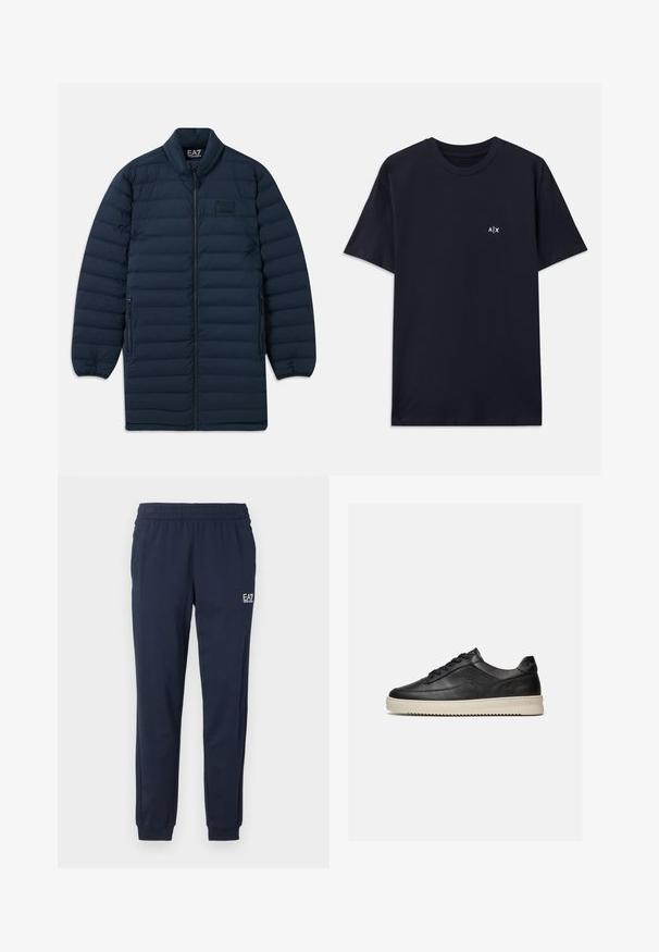 Navyblauer langer Pufferjacke mit Frontreißverschluss, Stehkragen, seitlichen Reißverschluss-Taschen und dezentem EA7 Emporio Armani Logo auf der Brust.; Marineblaue Baumwoll-T-Shirt mit kurzen Ärmeln und Rundhalsausschnitt. Mit einem kleinen weißen "A|X"-Logo auf der linken Brustseite.; Marineblaue Jogginghosen mit elastischem Bund und Bündchen. Besitzt ein kleines weißes Logo am linken Bein. Hergestellt aus einem weichen, dehnbaren Material.; Schwarzer flacher Ledersneaker mit schwarzen Schnürsenkeln und einer dicken, off-white Gummisohle, dargestellt vor weißem Hintergrund.