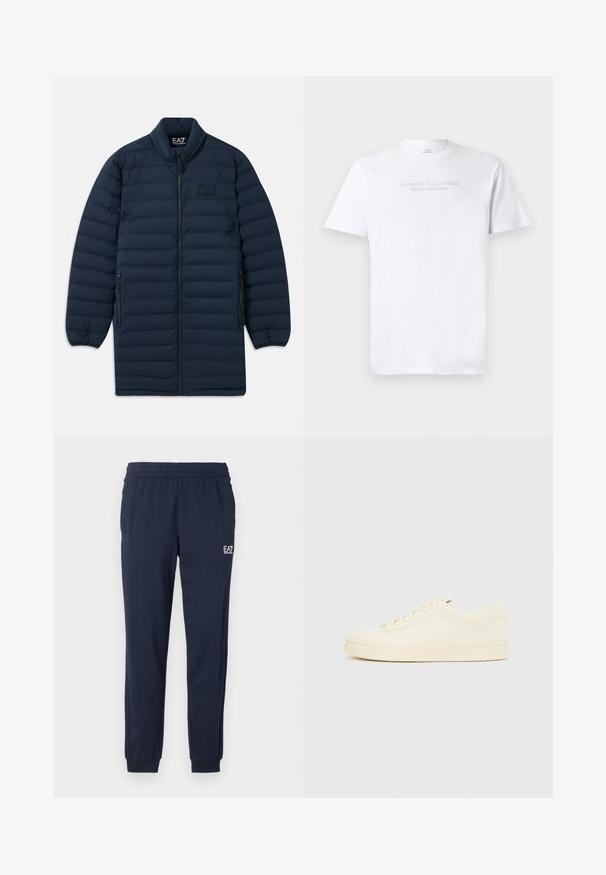 Abrigo largo de plumas azul marino con cremallera frontal, cuello alzado, bolsillos laterales con cremallera y sutil logotipo EA7 Emporio Armani en el pecho.; Camiseta blanca de algodón con cuello redondo, mangas cortas y logo en relieve "ARMANI EXCHANGE MILANO/NEW YORK" en la parte frontal.; Pantalones de chándal azul marino con cinturilla y puños elásticos. Presentan un pequeño logo blanco en la pierna izquierda. Fabricados con un material suave y elástico.; Zapatilla de color crema con parte superior de cuero liso, puntera redondeada, cierre de cordones y suela de goma texturizada. Diseño minimalista, sin logotipos.
