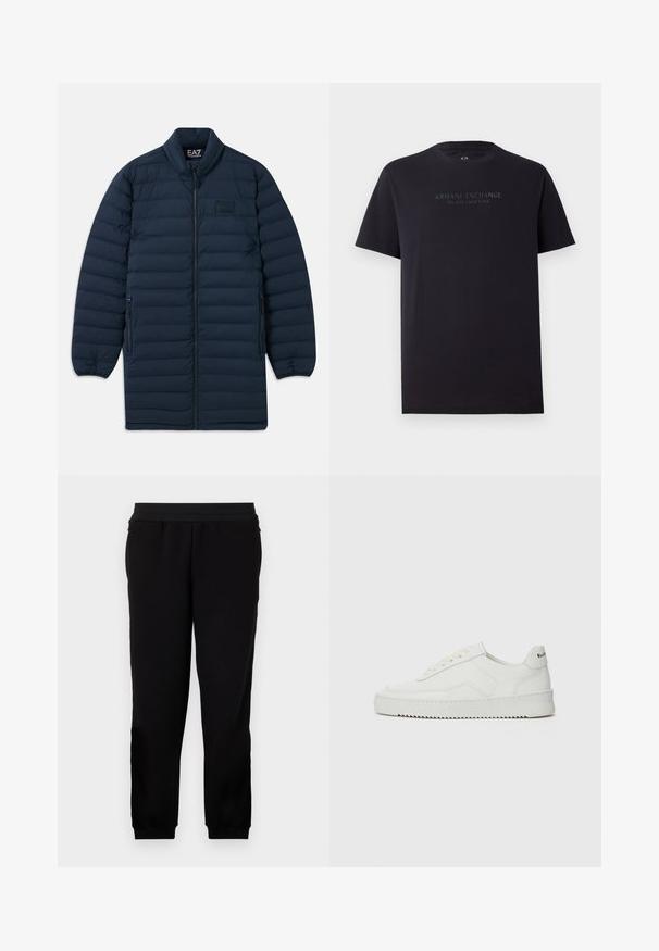 Marineblå lang pufferjakke med frontlynlås, ståkrave, lynlåsede sidelommer og subtilt EA7 Emporio Armani-logo på brystet.; Sort bomulds t-shirt med korte ærmer, rund hals og en let afslappet pasform. Har "ARMANI EXCHANGE MILANO / NEW YORK" i mørkegrå tekst.; Sorte sweatpants lavet af et blødt materiale, med et elastisk liv, tætsiddende manchetter og sidelommer for ekstra bekvemmelighed.; Hvide lædersneakers med en glat overflade, rund tå, flade snørebånd og en tekstureret sål. Har et diskret logo på hælen.