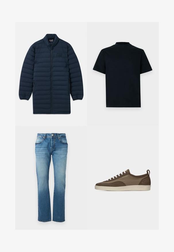Tumedast sinine pikk puffjakker, millel on esiküljel lukku, seisva kraega, lukuga küljetaskud ja diskreetne EA7 Emporio Armani logo rinnal.; Lühikeste varrukatega t-särk, mis on täiesti must ja millel on kõrge kaelus. Valmistatud siledast kangast, omab minimalistlikku disaini ning diskreetset brändingut rinnal.; Sinised teksapüksid tuhmunud pesuga, klassikalise viie taskuga disain, nööbi ja tõmblukuga kinnitusega, sirgete säärega lõige.; Madal profiiliga pruun vabaajajalats valgete paeltega, beež tallaga, kangast ja seemisnahast pealsega, külje tõmbetabaga ning "Tiger of Sweden" kuldse tekstilogoga.