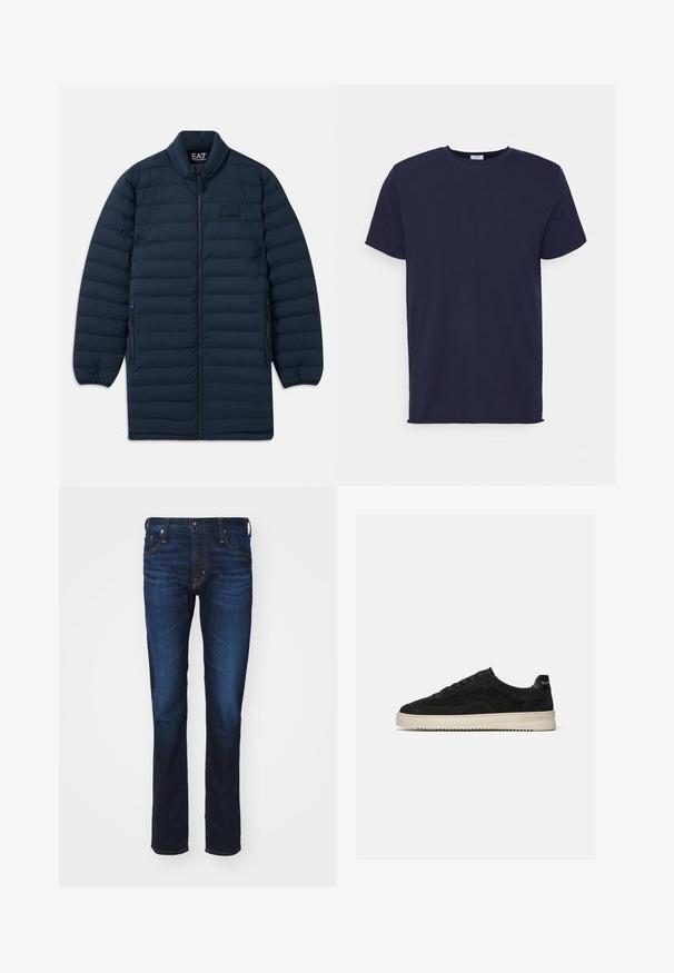 Marineblå lang pufferjakke med frontlynlås, ståkrave, lynlåsede sidelommer og subtilt EA7 Emporio Armani-logo på brystet.; Marineblå kortærmet t-shirt lavet af blødt stof. Har rund halsudskæring og en lige pasform uden mønstre eller accenter.; AG Jeans TELLIS MODERN - Jeans Slim Fit - viper; Sort ruskind lav-sneaker med sorte snørebånd og hvid gummisål, sidevisning på ensartet lys grå baggrund.