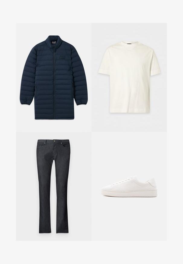 Marineblå lang pufferjakke med frontlynlås, ståkrave, lynlåsede sidelommer og subtilt EA7 Emporio Armani-logo på brystet.; Hvid t-shirt i bomuld med korte ærmer, rund hals og diskret prægning af logo på venstre bryst.; Mørkeblå denimjeans med et lige ben snit, der har lommer foran og bagpå, en lukning med metalknap og subtile syningsdetaljer.; Hvid lædersneaker med en glat overflade, rund tå, seks-huls snørebånd og en struktureret gummisål. Minimalistisk design uden mønstre.