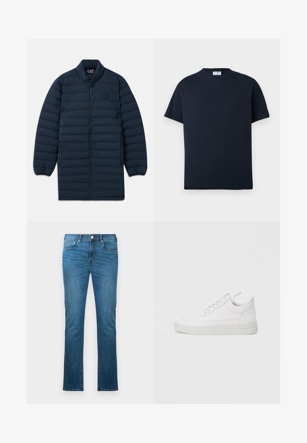 Navyblauer langer Pufferjacke mit Frontreißverschluss, Stehkragen, seitlichen Reißverschluss-Taschen und dezentem EA7 Emporio Armani Logo auf der Brust.; Schwarzes T-Shirt mit kurzen Ärmeln und Rundhalsausschnitt, mit einem kleinen weißen Etikett im Kragen, das den Markennamen zeigt.; Blaue Jeans mit geradem Bein, fünf Taschen und Knopfverschluss, vor weißem Hintergrund präsentiert.; Weißer Ledersneaker mit abgerundetem Zehenbereich, flacher Sohle und Schnürverschluss. Verfügt über Nahtdetails und einen gepolsterten Kragen für zusätzlichen Komfort.