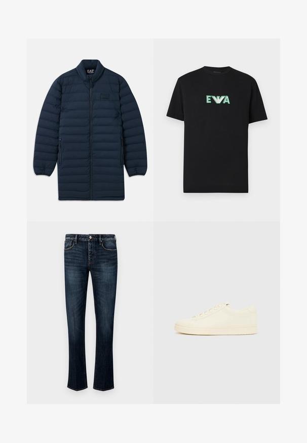 Marineblå lang pufferjakke med frontlynlås, ståkrave, lynlåsede sidelommer og subtilt EA7 Emporio Armani-logo på brystet.; Sort T-shirt med korte ærmer og rund hals med grønne markerede bogstaver "EWA" med et vinget emblem i midten.; Mørkeblå denim jeans med lige ben-design, der har fem lommer, synlige syninger og en knap- og lynlås-lukning.; Sneaker i cremefarve med en glat læderoverdel, rundet tå, snørelukning foran og en tekstureret gummisål. Minimalistisk design uden logoer.