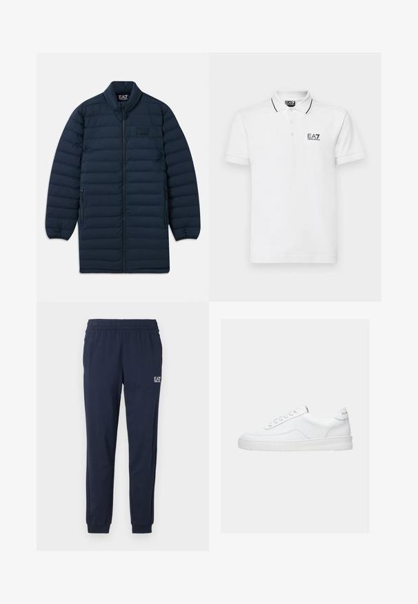 Námornícka modrá dlhá pérová bunda s predným zipsom, stojatým golierom, zipsovými bočnými vreckami a nenápadným logom EA7 Emporio Armani na hrudi.; Biela bavlnená polo tričko s dvoma gombíkmi, čiernym golierom a pruhmi na rukávoch, na ľavej hrudi s logom EA7.; Námornícke modré tepláky s elastickým pásom a manžetami. Na ľavej nohe je malé biele logo. Vyrobené z mäkkého, elastického materiálu.; Biela nízka teniska so šnurovacím dizajnom, hladkým koženým zvrškom a hrubou podrážkou, zobrazená z bočného pohľadu na jednoduchom pozadí.