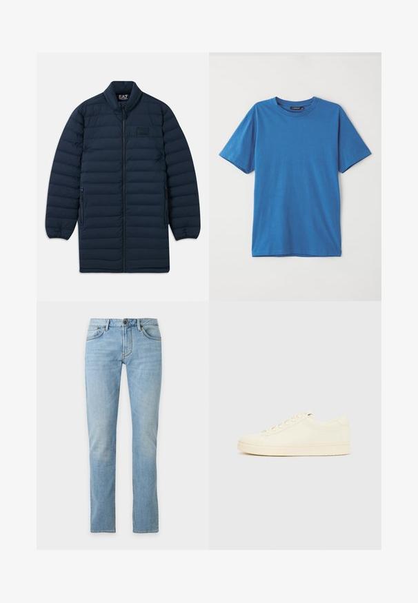 Navyblauer langer Pufferjacke mit Frontreißverschluss, Stehkragen, seitlichen Reißverschluss-Taschen und dezentem EA7 Emporio Armani Logo auf der Brust.; Blaues Baumwoll-T-Shirt mit kurzen Ärmeln, Rundhals und glatter Textur. Keine Muster oder Akzente. Einfaches, klassisches Design.; Hellblaue Jeans mit geradem Bein, Vordertaschen, Gürtelschlaufen und Knopfverschluss vor einfarbigem Hintergrund.; Cremefarbener Sneaker mit glattem Lederoberteil, abgerundeter Zehenpartie, Schnürung vorne und strukturierter Gummisohle. Minimalistisches Design, ohne Logos.