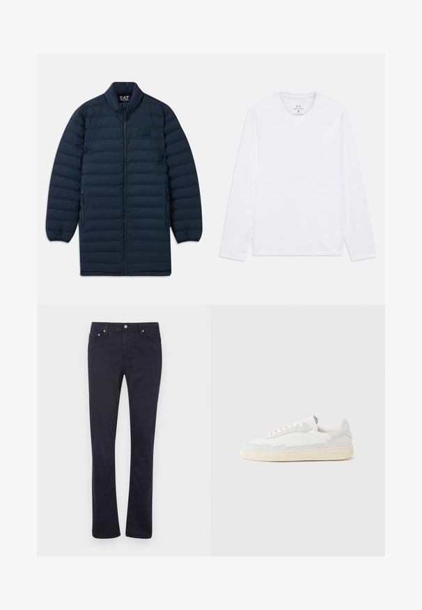 Námornícka modrá dlhá pérová bunda s predným zipsom, stojatým golierom, zipsovými bočnými vreckami a nenápadným logom EA7 Emporio Armani na hrudi.; Biela košeľa s dlhým rukávom a okrúhlym výstrihom s logom Armani Exchange potlačeným vo vnútri goliera, veľkosť stredná.; Námornícko modré bavlnené nohavice so strihom rovného nohavice, so prednými vreckami, zipsom a kovovými akcentmi.; Biela teniska s jemne štruktúrovaným zvrškom zo semišu a kože. Má zaoblenú špičku, viazanie na šnúrky a kontrastnú béžovú gumovú podrážku.