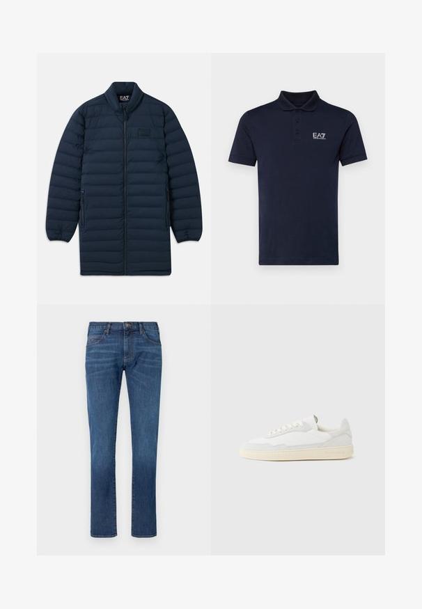 Marineblå lang pufferjakke med frontlynlås, ståkrave, lynlåsede sidelommer og subtilt EA7 Emporio Armani-logo på brystet.; Marineblå polo skjorte lavet af blød bomuld, med en tre-knaps lukning og EA7-logo på venstre bryst. Korte ærmer, klassisk pasform.; Blå denimjeans med lige ben, der har et klassisk design med fem lommer og knaplukning. Diskret falming over stofteksturområdet.; Hvid sneakers med en øvre del i tekstureret ruskind og læder. Har rundet tå, snørelukning og kontrasterende beige gummisål.