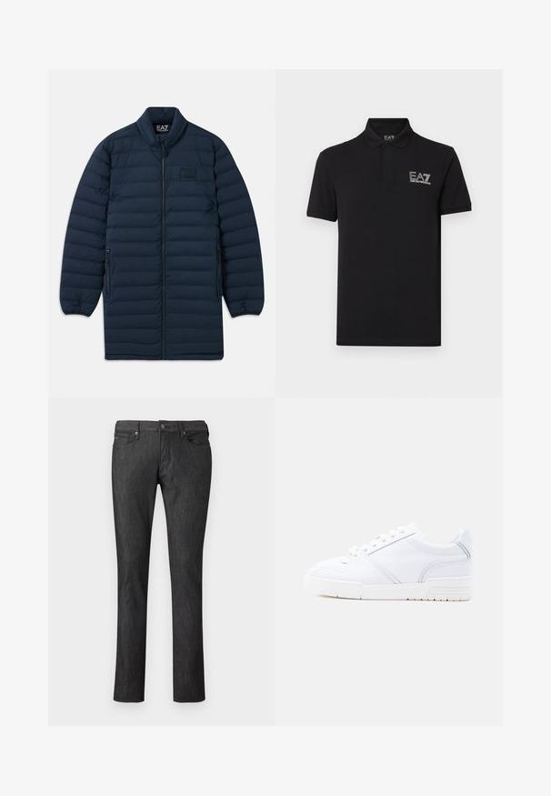 Námornícka modrá dlhá pérová bunda s predným zipsom, stojatým golierom, zipsovými bočnými vreckami a nenápadným logom EA7 Emporio Armani na hrudi.; Čierne polokošeľa z bavlny, s golierom a krátkymi rukávmi. Vyšívané logo EA7 na ľavej strane hrudníka. Klasický strih.; Tmavomodré rifle z denimu s rovnými nohavicami, vybavené prednými vreckami, kovovým gombíkom na zapínanie a jemnými švami.; Biela nízka teniska so šnúrkami, prešitými panelmi a textúrovanou podrážkou, zobrazená z profilu na jednoliatom pozadí.