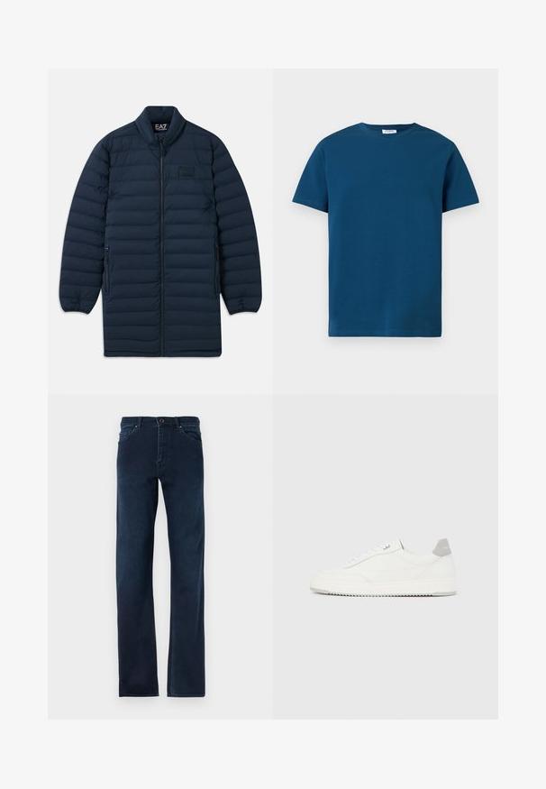 Abrigo largo de plumas azul marino con cremallera frontal, cuello alzado, bolsillos laterales con cremallera y sutil logotipo EA7 Emporio Armani en el pecho.; Camiseta de cuello redondo de color azul oscuro, hecha de algodón suave, con mangas cortas y una textura simple y lisa, con un corte recto.; Jeans de mezclilla azul oscuro con piernas rectas, cinco bolsillos, cierre de botón y costuras en contraste a lo largo de las costuras.; Zapatilla blanca de corte bajo con pestaña en el talón gris, cordones blancos y suela texturizada, presentada sobre un fondo claro y liso.