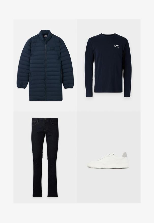 Marineblå lang pufferjakke med frontlynlås, ståkrave, lynlåsede sidelommer og subtilt EA7 Emporio Armani-logo på brystet.; Navy langærmet t-shirt lavet af bomuld, med rund hals og et lille hvidt EA7-logo på venstre bryst. Glat tekstur.; Mørke indigoblå slim-fit jeans med frontknap og lynlås, klassisk femlomme-design, vist fladt på en lys baggrund.; Hvid lavtop-sneaker med gråt hælflig, hvide snørebånd og tekstureret sål, vist på en ensfarvet lys baggrund.