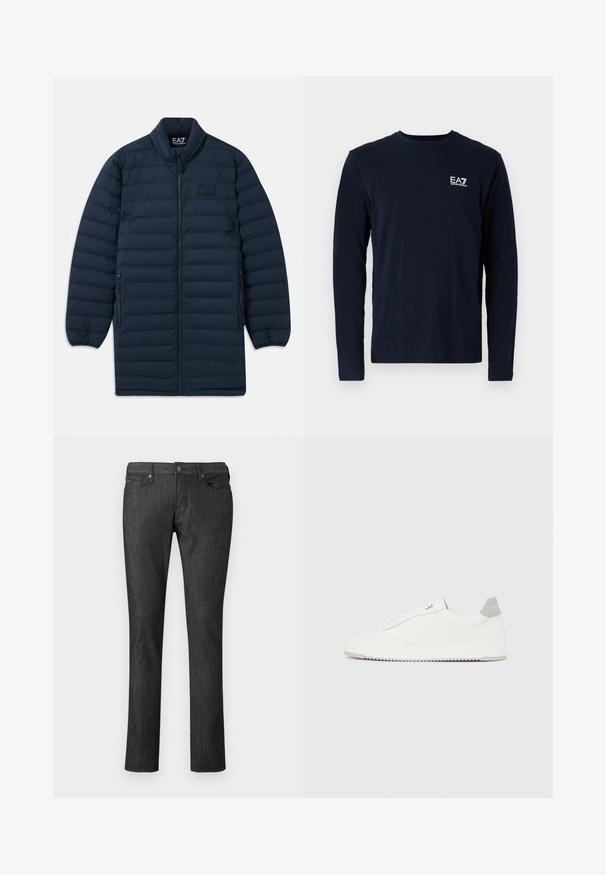 Doudoune longue bleu marine avec fermeture éclair à l'avant, col montant, poches latérales zippées et logo discret EA7 Emporio Armani sur la poitrine.; T-shirt à manches longues en coton de couleur marine, avec un col rond et un petit logo EA7 blanc sur la poitrine gauche. Texture lisse.; Jean en denim foncé à coupe droite, avec poches avant, fermeture par bouton en métal, et détails de couture discrets.; Baskets basses blanches avec un onglet de talon gris, des lacets blancs et une semelle texturée, présentées sur un fond uni clair.