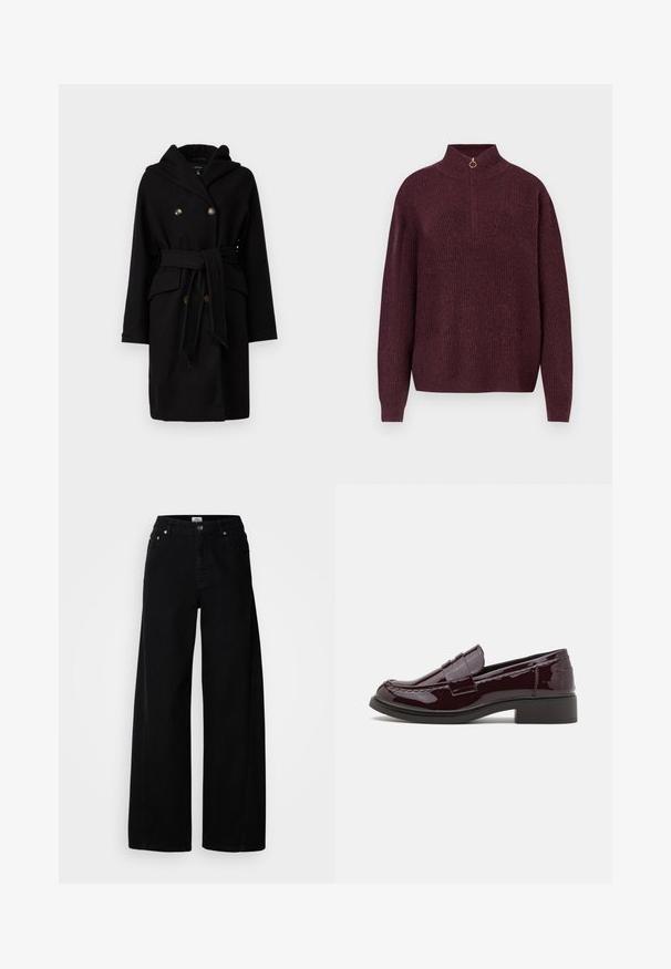 Abrigo de lana negro con capucha, diseño de doble botonadura, dos botones de tono dorado, cintura con cinturón y bolsillos delanteros. Textura suave y forma elegante.; Sweater de punto burdeos con un alto cuello, que presenta un medio cierre con un tirador circular, textura acanalada y mangas largas y ajustadas.; Jeans de mezclilla negros de pierna ancha con cierre de botón, diseño de cinco bolsillos y acabado limpio. Fabricados con un tejido texturizado para mayor durabilidad.; Mocasines de charol burdeos con un bajo tacón en bloque, que presentan costuras tradicionales y un acento de correa a través del empeine.