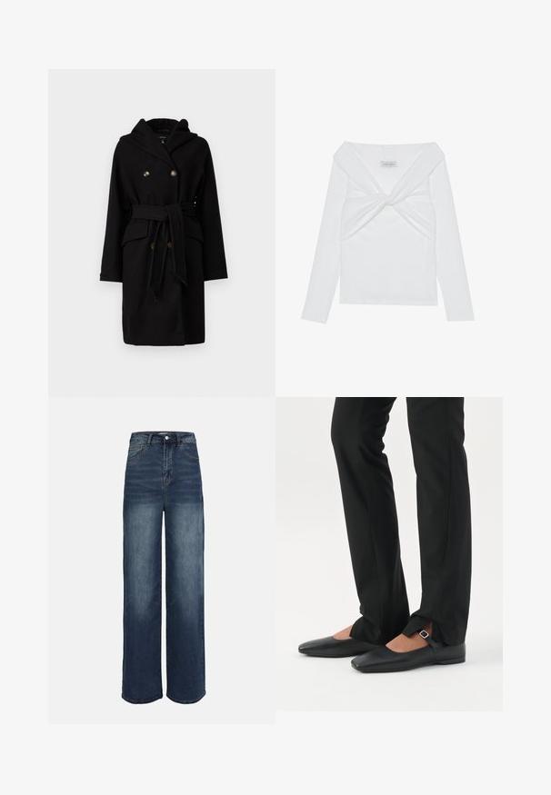 Sort uldfrakke med hætte, dobbeltradet design, to guldtonede knapper, bælte i taljen og forlommer. Glat tekstur og elegant form.; Hvid ribbet langærmet top med et tvistet frontdesign, der har en bred udskæring og sømløse kanter. Mærke: Anna Field.; Bredde ben jeans i mørkeblå denim med høj talje, stikninger og en falmet gradienteffekt mod bunden af benene.; Ben iført sorte smalle bukser med forreste slidser ved kanten, parret med sorte flade Mary Jane-sko med lille spænde.