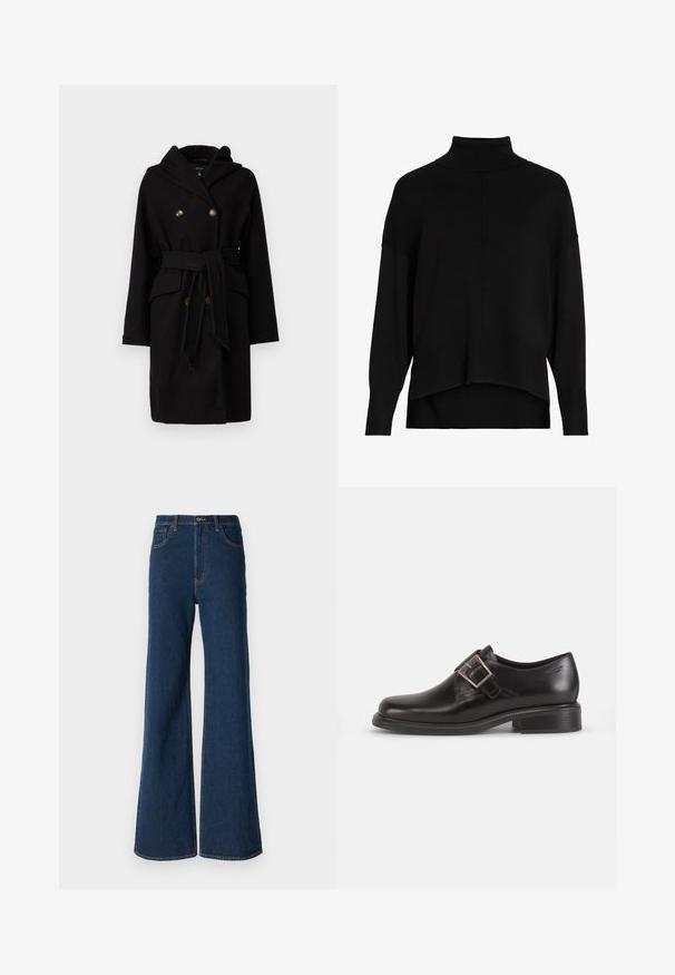 Sort uldfrakke med hætte, dobbeltradet design, to guldtonede knapper, bælte i taljen og forlommer. Glat tekstur og elegant form.; Sort strik cardigan med løs pasform, sænkede skuldre, ribbede manchetter og et høj-lav kantdesign. Blød tekstur, minimal detaljer.; Abercrombie & Fitch Jeans Relaxed Fit - rinse; Sorte læder herresko med rund tå, detaljer med sidelukning, og en struktureret sål, sat mod en simpel hvid baggrund.