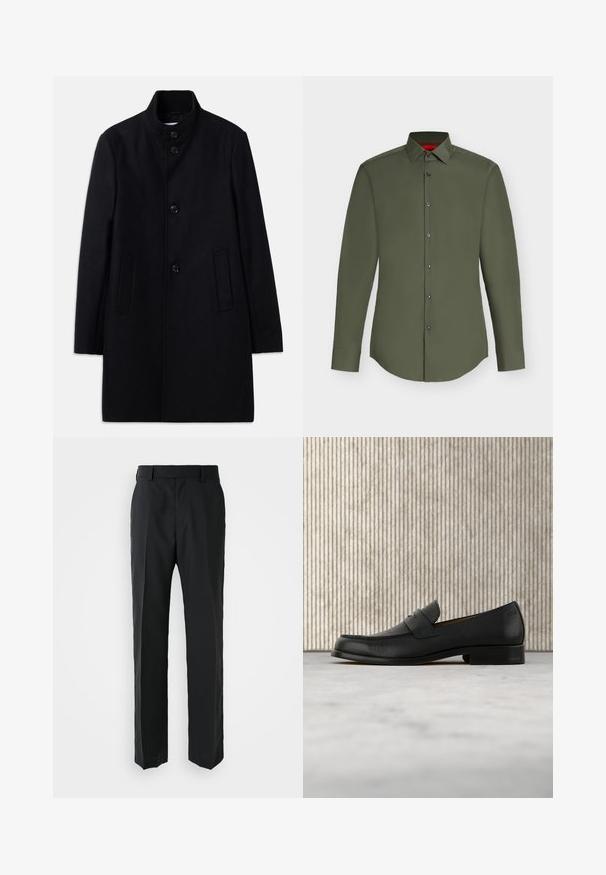 Manteau en laine noir avec un col haut, présentant six boutons à l'avant, deux poches latérales et une coupe droite. Texture lisse.; Chemise habillée homme à manches longues vert olive avec boutonnage frontal et col pointu, présentée sur un fond uni clair.; Pantalons noirs avec une coupe droite, en tissu lisse. Dispose d'une taille plate et sans motifs ni embellissements visibles.; Mocassin en cuir noir flottant au-dessus d'un tapis beige avec une table ronde brune brillante en arrière-plan.