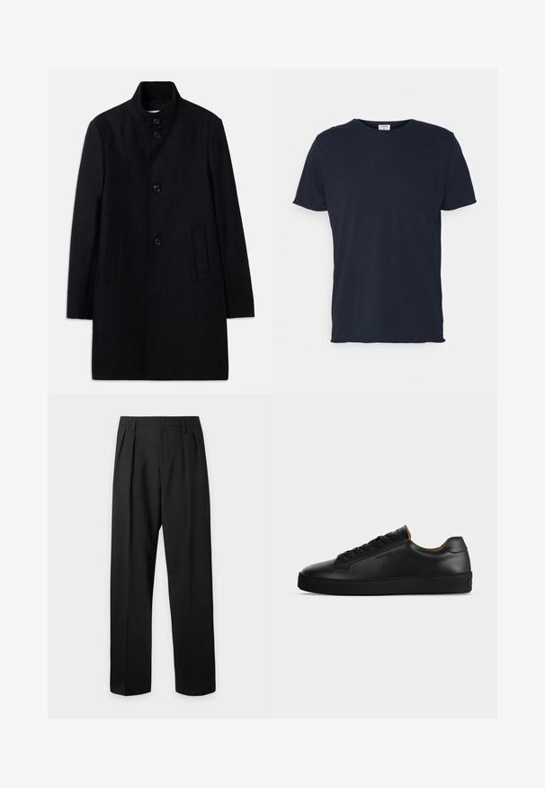 Manteau en laine noir avec un col haut, présentant six boutons à l'avant, deux poches latérales et une coupe droite. Texture lisse.; T-shirt en coton bleu marine avec un col rond et des manches courtes, présentant une texture lisse et un design simple, sans motifs ni accents visibles.; Pantalon noir taille haute, sur-mesure, avec passants pour ceinture, plis sur le devant, fermeture par bouton et jambes droites larges sur fond clair.; Basket basse en cuir noir avec lacets noirs, semelle en caoutchouc texturée et petit logo embossé sur le côté, présenté de profil sur fond gris.