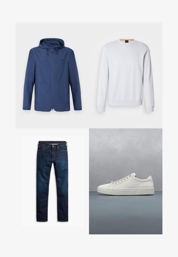 Marineblauwe lichtgewicht jas met een capuchon, volledige rits en elastische manchetten. Beschikt over een minimalistisch ontwerp en een subtiele logo op de borst.; Witte sweatshirt met lange mouwen, ronde hals en subtiele logo patch. Soepele textuur en geribbelde manchetten en zoom voor een aangesloten look.; Donkere blauwe denim jeans met een rechte pijpontwerp, voorzien van oranje stiksels, vijf zakken en een knoopsluiting in de taille.; Witte leren sneaker met een ronde neus, minimalistisch ontwerp, grijze veters en een gestructureerde grijze rubberen zool. Fijne stikdetails zichtbaar.