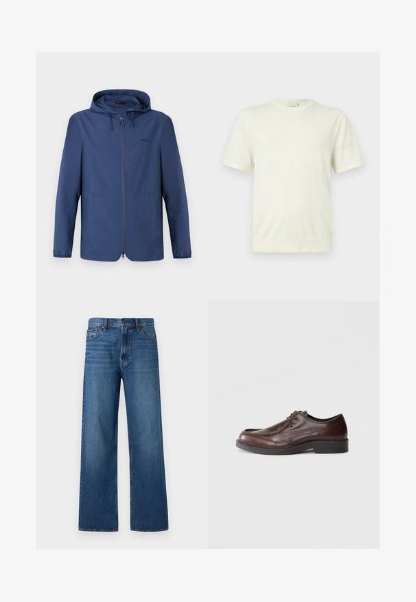 Dunkelblaue, leichte Jacke mit Kapuze, praktischem Reißverschluss und elastischen Bündchen. Verfügt über ein minimalistisches Design und ein dezentes Logo auf der Brust.; Schlichtes weißes Kurzarm-T-Shirt mit Rundhalsausschnitt, Rippbund und Bündchen, präsentiert vor einem neutralen hellgrauen Hintergrund.; Blaue, hoch taillierte Jeans mit geradem Bein, Frontknopf und Reißverschluss, fünf Taschen und einem kleinen Markenpatch auf der rechten Tasche.; Braune Lederdressschuhe mit einer abgerundeten Spitze, minimalen Nähakzenten und einer robusten schwarzen Sohle. Verfügt über eine Schnürung und eine glatte Textur.