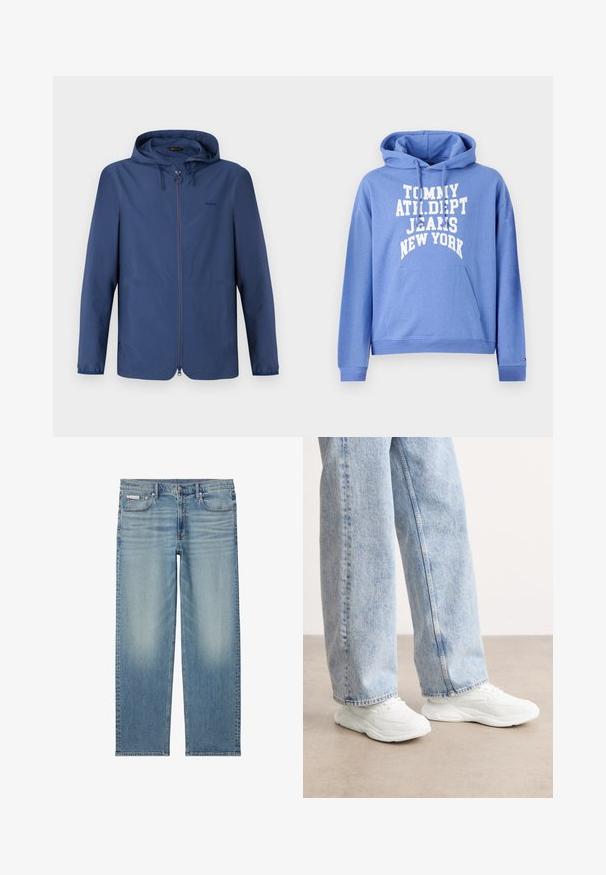 Tumesinine kerge jope kapuutsiga, täispikk tõmblukk ja elastsed mansetid. Omab minimalisti sissejuhatust ning diskreetset logo rinnal.; Sinine kapuutsiga sweatshirth, mis on valmistatud puuvillase segu materjalist, esiküljel tasku ja silmapaistev valge tekst: "TOMMY ATHL.DAPT JEANS NEW YORK." Ribaga mansetid.; Hele sinised sirge säärega teksapüksid tuhmunud detailidega, esikäepidemed ja lukuga, viie taskuga disain, sealhulgas väike Calvin Kleini silt taskul.; Valged sportlikud tennised sujuva, vormitud disaini ja tekstuuriga tallatega, koos helesiniste, lõtvade teksadega.