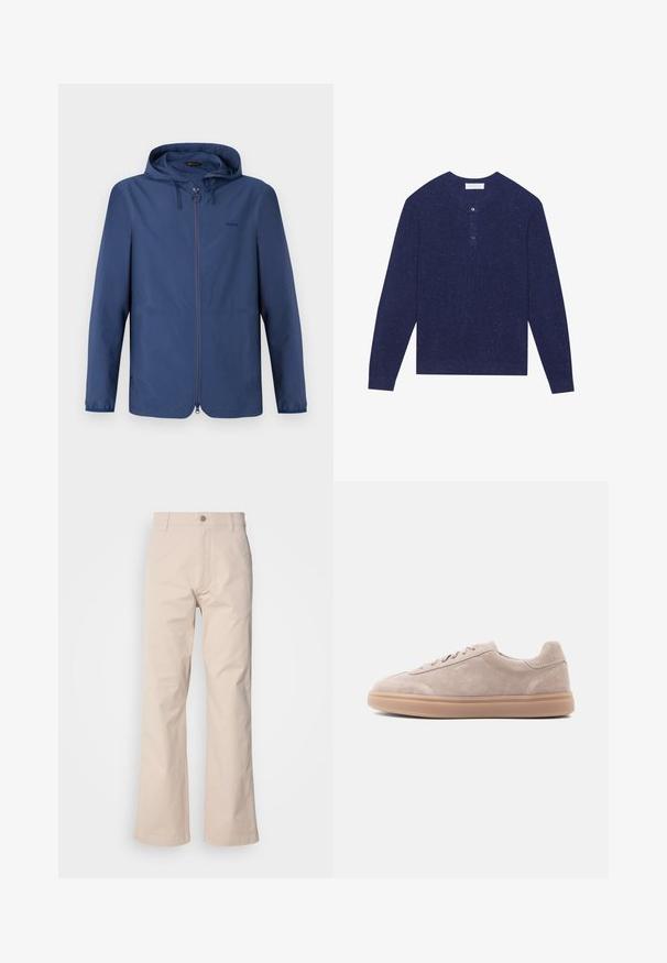 Tumesinine kerge jope kapuutsiga, täispikk tõmblukk ja elastsed mansetid. Omab minimalisti sissejuhatust ning diskreetset logo rinnal.; Tumehall sinine ribiga pika varrukaga henley särk, mille kaelusel on kolm musta nuppu ja pehme tekstuur, millel on üle kogu pinna heledamaid toone.; Beežid puuvillased püksid sirge lõikega, millel on nööbid, eespool taskud ja minimaalsed õmbluse detailid.; Beežid seemisnahast madalad tennised paeltega ja kummist tallaga, vasaku külje profiil heledal taustal.