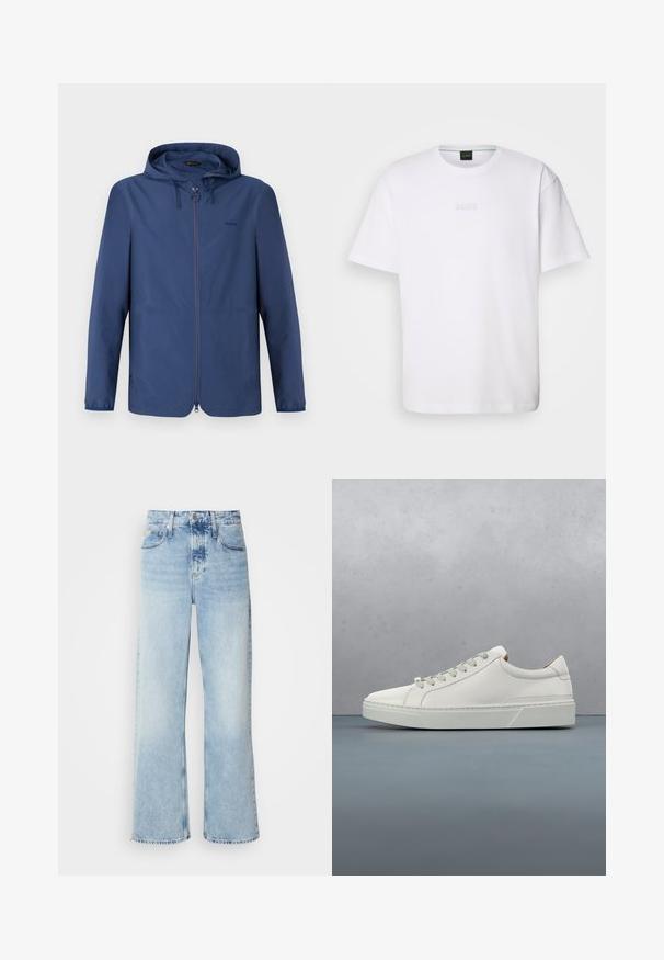 Dunkelblaue, leichte Jacke mit Kapuze, praktischem Reißverschluss und elastischen Bündchen. Verfügt über ein minimalistisches Design und ein dezentes Logo auf der Brust.; Weißes Baumwoll-T-Shirt mit kurzen Ärmeln, rundem Ausschnitt und geprägtem "BOSS"-Logo auf der Brust. Glatte Textur, normale Passform.; Helle blaue weite Jeans mit hoher Taille, in verwaschenem Finish, mit Gürtelschlaufen und klassischem Fünf-Taschen-Design. Der Saum ist ungesäumt.; Weißes Leder-Sneaker mit abgerundetem Zehenbereich, minimalistisches Design, graue Schnürsenkel und einer strukturierten grauen Gummisohle. Dezente Nähte sichtbar.