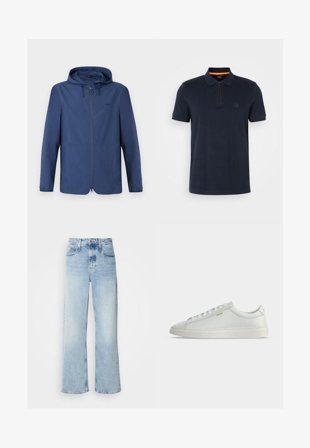 Veste légère bleu marine avec capuche, fermeture éclair intégrale et poignets élastiques. Présente un design minimaliste et un logo discret sur la poitrine.; Polo shirt marine avec un col zippé, doté d'une petite écusson sur la poitrine et de manches courtes. Matière en mélange de coton avec une texture lisse.; Jean large bleu clair à taille haute, avec une finition délavée, des passants de ceinture et un design classique à cinq poches. L'ourlet est brut.; Baskets basses blanches en cuir avec lacets, semelle plate et petit logo doré "BOSS" sur le côté, vues de l'extérieur.