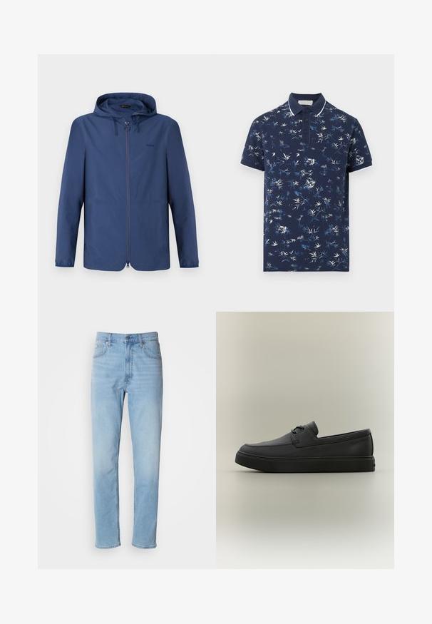 Dunkelblaue, leichte Jacke mit Kapuze, praktischem Reißverschluss und elastischen Bündchen. Verfügt über ein minimalistisches Design und ein dezentes Logo auf der Brust.; Marineblaues Polohemd mit kurzen Ärmeln, weißem und hellblauem abstraktem Blättermuster, Dreiknopfverschluss und weißer Einfassung am Kragen und an den Ärmeln.; Hellblaue Jeans mit geradem Schnitt, fünf Taschen und Gürtelschlaufen. Der Stoff hat eine glatte Textur mit einem leichten Verblassungseffekt.; Schwarzer lässiger Lederloafer mit Schnürdetails und dicker Gummisohle, seitlich auf neutralem Hintergrund dargestellt.
