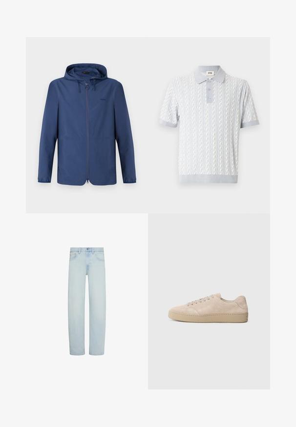 Dunkelblaue, leichte Jacke mit Kapuze, praktischem Reißverschluss und elastischen Bündchen. Verfügt über ein minimalistisches Design und ein dezentes Logo auf der Brust.; Hellblaues Poloshirt mit kurzen Ärmeln, strukturiertem Zopfmuster, drei Knöpfen sowie geripptem Kragen, Ärmeln und Saum.; Hellblaue Denim-Jeans mit geradem Bein, vorderem Knopf- und Reißverschluss, Gürtelschlaufen und Vordertaschen.; Beige Wildlederschuh mit einer runden Zehenform, flachen Schnürsenkeln und einer strukturierten Gummisohle. Minimalistisches Design mit glatten Kanten und dezenten Nähten.