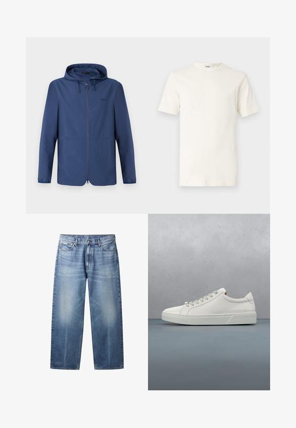 Dunkelblaue, leichte Jacke mit Kapuze, praktischem Reißverschluss und elastischen Bündchen. Verfügt über ein minimalistisches Design und ein dezentes Logo auf der Brust.; Hellbeiges Baumwoll-T-Shirt mit kurzen Ärmeln und Rundhalsausschnitt. Es hat eine glatte Textur und ein einfaches Design ohne Muster oder Akzente.; Hellblaue Jeans mit geradem Bein, ausgewaschenen Bereichen, fünf Taschen, Knopfverschluss und Calvin Klein-Label an der rechten Vordertasche.; Weißes Leder-Sneaker mit abgerundetem Zehenbereich, minimalistisches Design, graue Schnürsenkel und einer strukturierten grauen Gummisohle. Dezente Nähte sichtbar.