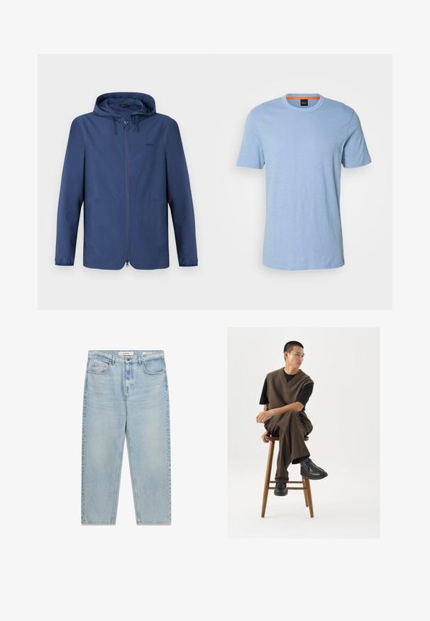 Dunkelblaue, leichte Jacke mit Kapuze, praktischem Reißverschluss und elastischen Bündchen. Verfügt über ein minimalistisches Design und ein dezentes Logo auf der Brust.; Hellblaues T-Shirt mit kurzen Ärmeln aus weichem Material. Es verfügt über einen Rundhalsausschnitt und ein dezentes, eingeprägtes Logo auf der Brust.; Hellblaue Jeans mit entspannter Passform, vorderer Knopfleiste und Reißverschluss, fünf Taschen und verwaschenen Details.; Brauner Strickwesten über einem schwarzen T-Shirt, kombiniert mit braunen weiten Hosen und schwarzen klobigen Schuhen, auf einem Holzschemel sitzend.