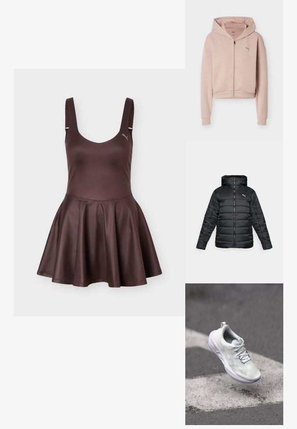 Zwarte gewatteerde jas met een capuchon, voorrits en ton-sur-ton stiksels. Witte logo op de bovenste linkerkant van de borst. Glad, glanzend materiaal.; Lichtroze cropped hoodie met lange mouwen, een ritssluiting aan de voorkant, capuchon en een klein Puma-logo op de borst.; Donkerbruine mouwloze skaterjurk met brede bandjes en een nauwsluitend lijfje met een klein logo op de borst.; Witte sportschoen met een gestructureerde bovenkant, vetersluiting en gevoerde zool. Accenten zijn onder meer een lichtpaarse buitenzool en een lus aan de hiel.