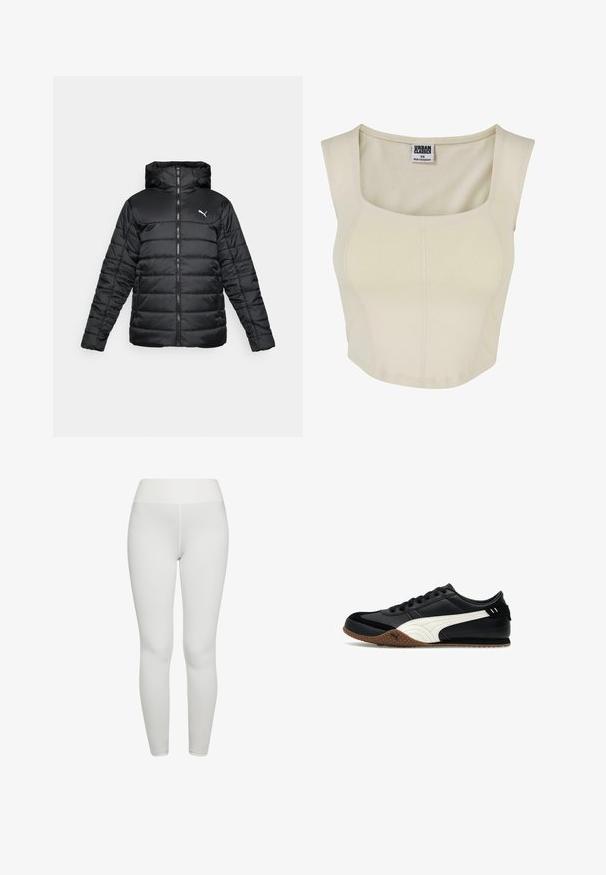Zwarte gewatteerde jas met een capuchon, voorrits en ton-sur-ton stiksels. Witte logo op de bovenste linkerkant van de borst. Glad, glanzend materiaal.; Crème-kleurige crop top van zachte stof met een vierkante halslijn, een aansluitend ontwerp en minimale naaddetails. Etiket zegt "Urban Classics."; Witte naadloze leggings met hoge taille en een gladde textuur, voorkant weergegeven op een effen witte achtergrond.; Zwarte lage sneaker met witte zijstreep, bruine gestructureerde zool en zwarte veters, gezien vanaf de buitenkant op een witte achtergrond.