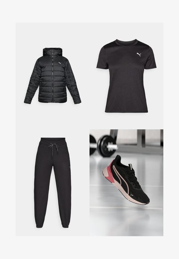 Veste rembourrée noire avec capuche, fermeture éclair à l'avant et couture ton sur ton. Logo blanc sur le haut du côté gauche de la poitrine. Tissu lisse et brillant.; T-shirt de sport noir à manches courtes, col rond, avec un logo blanc sur la poitrine. Texture lisse et coupe ajustée.; Pantalons de jogging noirs en matériau doux et extensible, avec une taille à cordon de serrage, des poches latérales et des poignets resserrés aux chevilles.; Chaussure de course Puma noire et rose suspendue au-dessus d'un sol de gym réfléchissant, avec des haltères flous en arrière-plan.