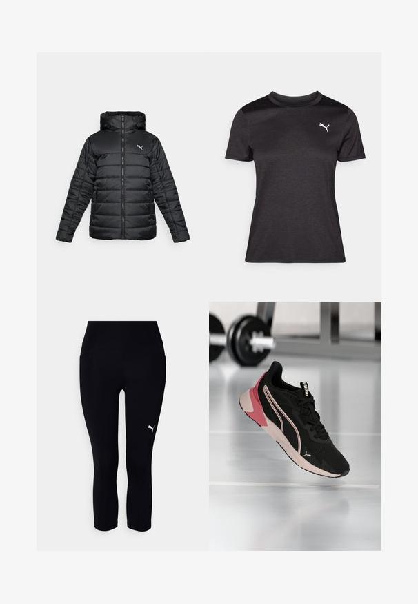 Chaqueta acolchada negra con capucha, cremallera frontal y costuras a tono. Logo blanco en la parte superior izquierda del pecho. Tejido suave y brillante.; Camiseta deportiva negra de manga corta, con escote redondo y un logo blanco en el pecho. Textura suave y forma ajustada.; Leggings capri negros hechos de tela elástica, con una cinturilla alta y un pequeño logo blanco en el lado izquierdo. Textura suave.; Zapatilla de correr Puma negra y rosa suspendida sobre un suelo de gimnasio reflectante, con mancuernas desenfocadas en el fondo.