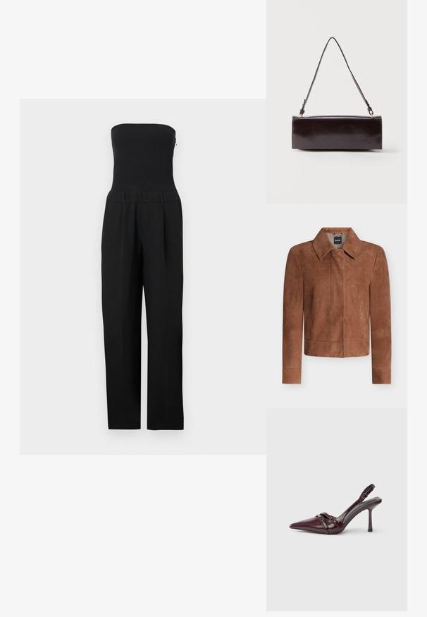 Veste en daim marron avec col pointu, manches longues, fermeture éclair dissimulée devant et poches latérales, présentée sur fond blanc.; Combinaison noire sans bretelles avec corsage ajusté et pantalon à jambes larges, présentée sur un fond blanc.; Escarpin slingback en cuir verni bordeaux avec bout pointu, fine bride à la cheville et petit détail décoratif de boucle. Texture lisse et talon haut.; Sac à main rectangulaire en cuir noir avec une longue bandoulière unique et une finition brillante, présenté sur un fond blanc uni.