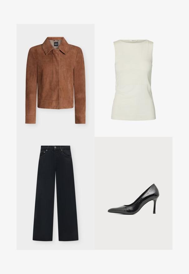 Veste en daim marron avec col pointu, manches longues, fermeture éclair dissimulée devant et poches latérales, présentée sur fond blanc.; Débardeur blanc uni sans manches avec un col rond, fabriqué en tissu lisse, présenté sur fond blanc.; Jean noir à jambes larges avec poches avant, passants de ceinture et fermeture à bouton à la taille.; Chaussure à talon haut pour femme en cuir verni noir avec bout pointu et talon fin sur fond clair uni.