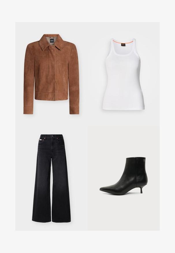 Veste en daim marron avec col pointu, manches longues, fermeture éclair dissimulée devant et poches latérales, présentée sur fond blanc.; Débardeur blanc côtelé avec un col rond, présentant un design à bretelles étroites et un accent orange le long de l'intérieur du col. Logo de la marque affiché.; Jean noir à jambes larges avec taille haute, fermeture avant par boutons et fermeture éclair, passants pour ceinture, et design à cinq poches.; Bottine en cuir noir avec bout pointu et petit talon kitten sur fond clair, vue côté extérieur.